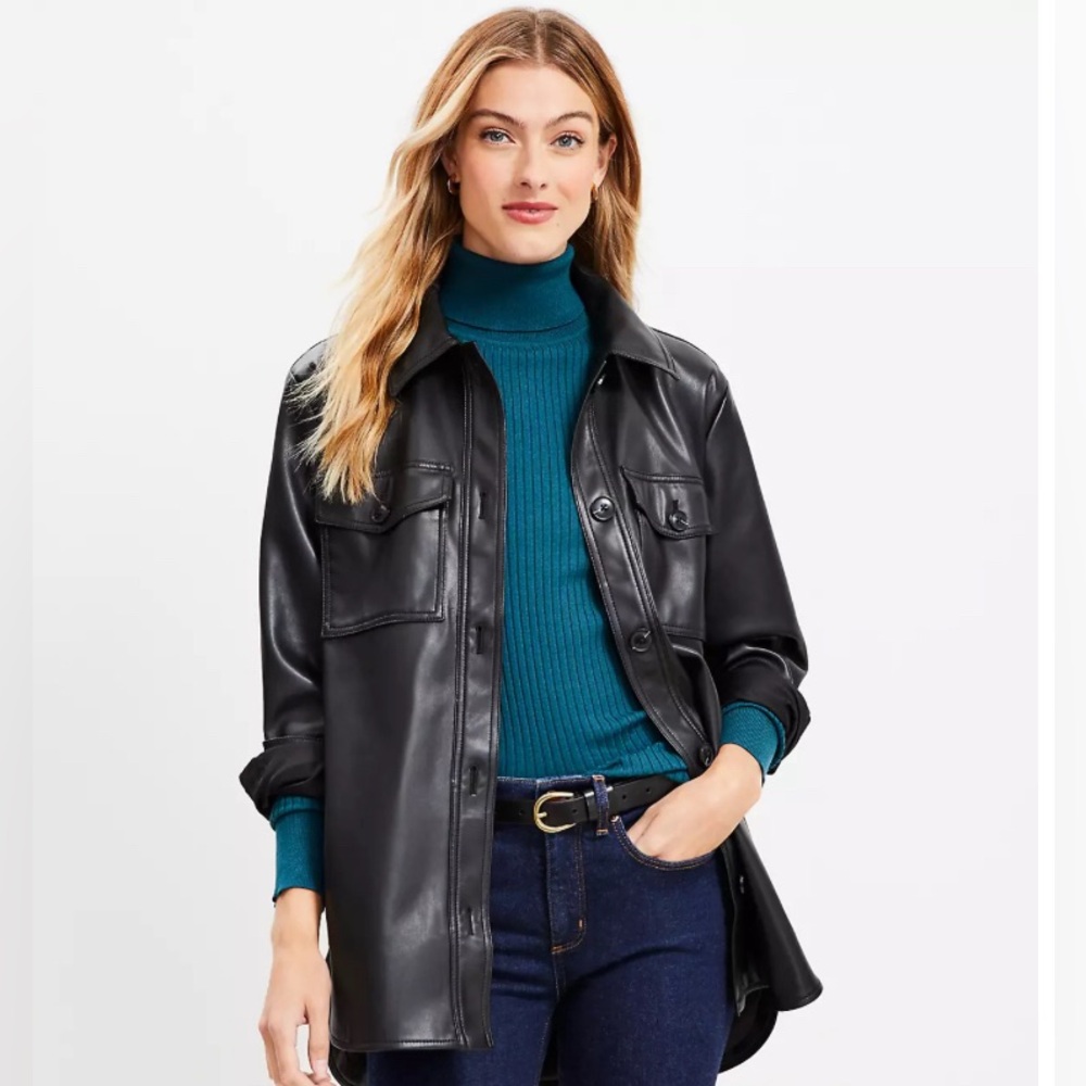 LOFT Vegan Leather Oversized Shirt Jacket Black MP